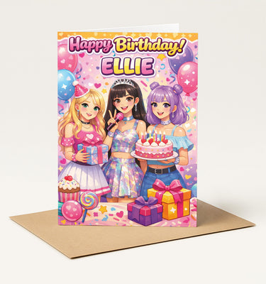 Personalised KPOP Happy Birthday Card for Girls, Custom Anime Pop Star Card, Cute Teen Girl, Demon Hunters Inspired Style Celebration Card