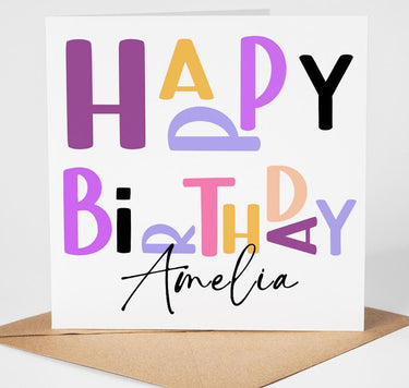 Personalised Happy Birthday Card, Custom Name Card, Colourful Modern Minimalist Card, Wife Mum Daughter Sister Best Friend Celebration