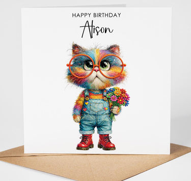 Personalised Cat Birthday Card, Cute Dog Rainbow Animal Card, Koala, Horse, Bear, Tiger, Lion, Monkey, Sloth & Giraffe Custom Colourful Card