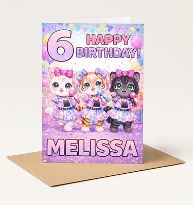 Personalised Name and Age Girls Birthday Card, Cute Anime/Chibi/KPOP Cat Birthday Card, Girls Whimsical Cat, Daughter Granddaughter Card