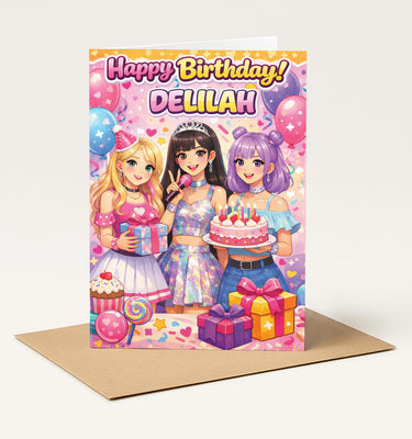 Personalised KPOP Happy Birthday Card for Girls, Custom Anime Pop Star Card, Cute Teen Girl, Demon Hunters Inspired Style Celebration Card