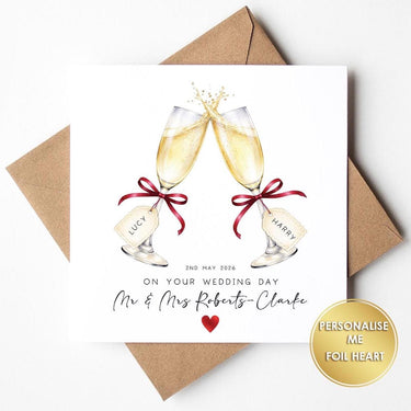 Personalised Wedding Card with Names, Champagne Glasses Wedding Card, Custom Mr and Mrs Card, Wedding Day Card, Elegant Newlywed Card