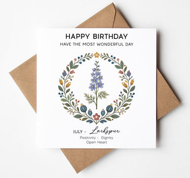 July Birth Flower Birthday Card – Larkspur Card, July Birthday Card for Her, Birth Month Flower Greeting Card, Nordic Style Floral Card