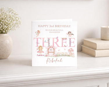 Personalised 3rd Birthday Card Girl, Fairy Birthday Card for Girl, Rose Gold Foil Card, Custom Daughter Granddaughter Niece Age 3 Card