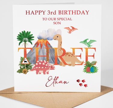 Personalised Dinosaur 3rd Birthday Card, Son, Grandson, Nephew, Red Foil Finish