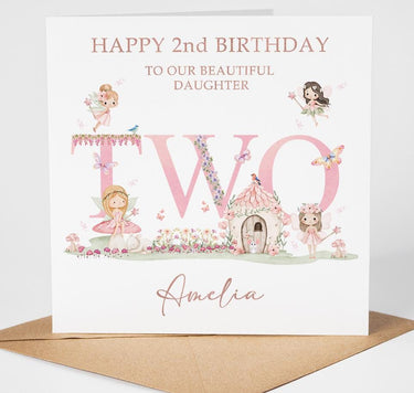 Personalised 2nd Birthday Card Girl, Fairy Birthday Card, Rose Gold Foil Card, Daughter Granddaughter Niece Age 2 Card