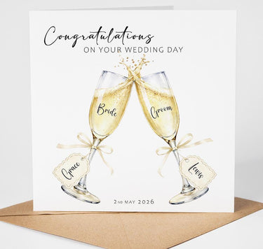 Personalised Wedding Card with Names & Date, Champagne Glasses Wedding Card, Elegant Bride and Groom Card, Custom Wedding Day Keepsake UK