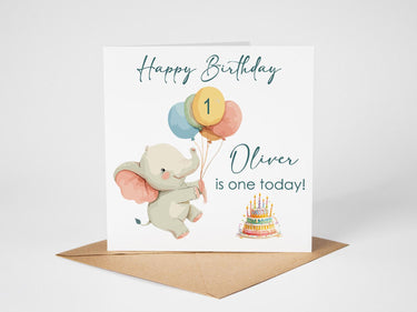 Personalized 1st Birthday Card, Cute Elephant Design