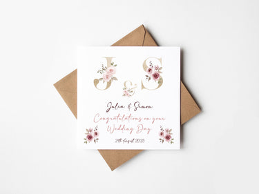 Personalised Wedding Day Card, Congratulations Mr & Mrs, Mrs Mrs, Mr Mr, Newlyweds, Floral Monogram Bride And Groom, Happy Wedding Day