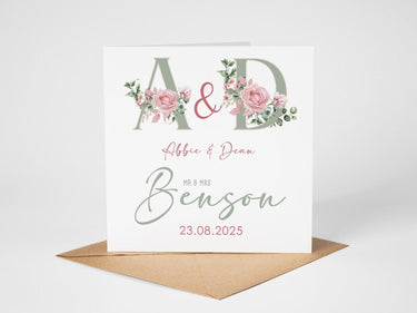 Personalised Floral Wedding Card, Congratulations Mr & Mrs, Mrs Mrs, Mr Mr, Newlyweds, Floral Monogram Bride And Groom, Happy Wedding Day