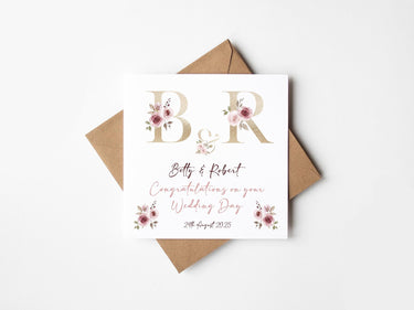 Personalised Wedding Day Card, Congratulations Mr & Mrs, Mrs Mrs, Mr Mr, Newlyweds, Floral Monogram Bride And Groom, Happy Wedding Day