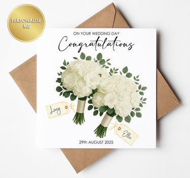 Personalised Wedding Card for Two Brides – Twin Bridal Bouquet Design, Same-Sex Marriage, Custom Names & Date
