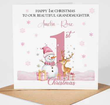 Personalised First 1st Christmas Card featuring Cute Snowman for Granddaughter Daughter Niece Sister