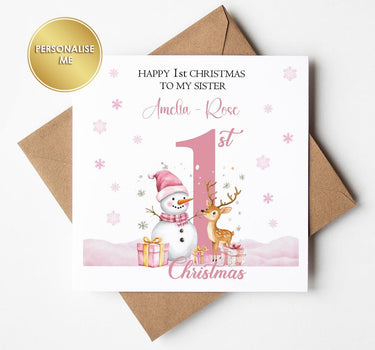 Personalised First 1st Christmas Card featuring Cute Snowman for Granddaughter Daughter Niece Sister