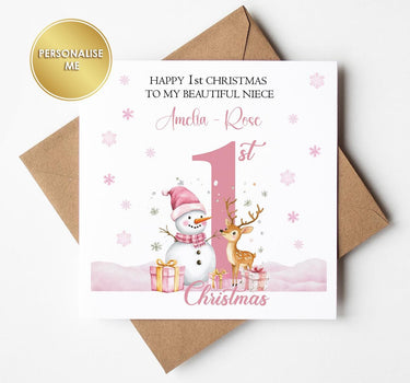 Personalised First 1st Christmas Card featuring Cute Snowman for Granddaughter Daughter Niece Sister