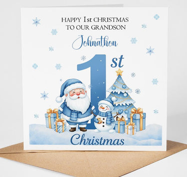 Personalised First 1st Christmas Card featuring Cute Snowman and Father Christmas for Grandson Son Nephew Brother