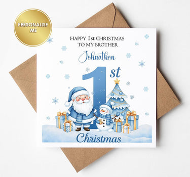 Personalised First 1st Christmas Card featuring Cute Snowman and Father Christmas for Grandson Son Nephew Brother
