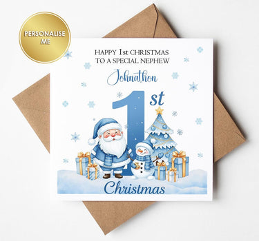Personalised First 1st Christmas Card featuring Cute Snowman and Father Christmas for Grandson Son Nephew Brother
