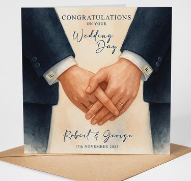 Personalised Wedding Card for Two Grooms – Twin Groom Design, Same-Sex Marriage, Civil Partnership, Custom Names & Date
