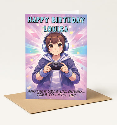 Anime Gamer Birthday Card Personalised | Gaming Birthday Card for Boys Girls | Cute Gamer Anime Card | Level Up Birthday