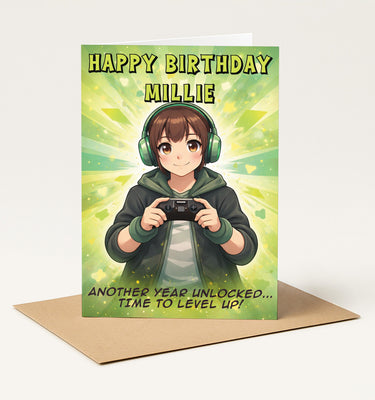 Anime Gamer Birthday Card Personalised | Gaming Birthday Card for Boys Girls | Cute Gamer Anime Card | Level Up Birthday