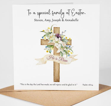 Personalised Christian Easter Card – He Is Risen Religious Family Card with Cross, Bible Verse Psalm 118:24 Easter Blessing