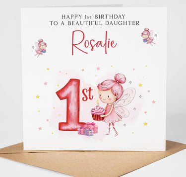 Personalised 1st Birthday Fairy Card, Granddaughter/Daughter First Custom Girl Birthday Card, Magical Pink Fairy card, Age One, Baby Girl
