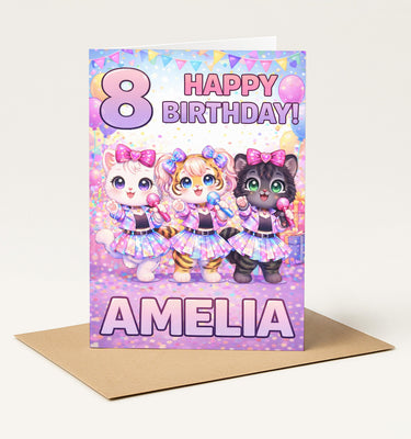 Personalised Name and Age Girls Birthday Card, Cute Anime/Chibi/KPOP Cat Birthday Card, Girls Whimsical Cat, Daughter Granddaughter Card