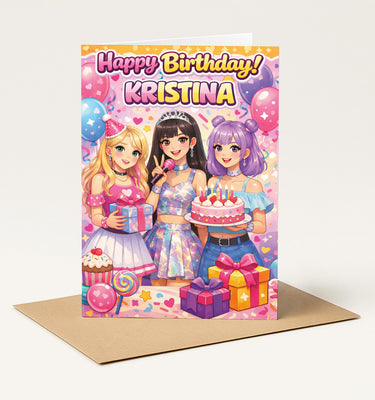 Personalised KPOP Happy Birthday Card for Girls, Custom Anime Pop Star Card, Cute Teen Girl, Demon Hunters Inspired Style Celebration Card