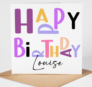 Personalised Happy Birthday Card, Custom Name Card, Colourful Modern Minimalist Card, Wife Mum Daughter Sister Best Friend Celebration