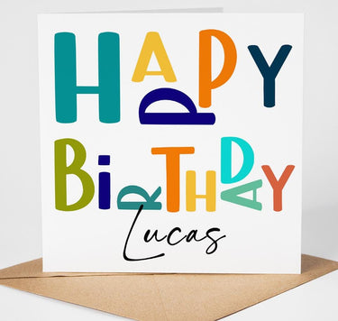 Personalised Happy Birthday Card, Custom Name  Unisex Happy Birthday Card, Card for Him, Dad Brother Uncle Son Friend Modern Colourful Card