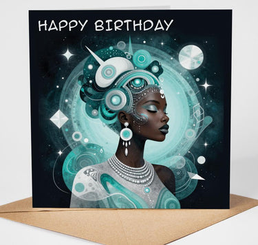 Happy Birthday Card, Stunning Black Woman Afrocentric Card,  Celestial Goddess Art Card, Cosmic Queen  Card, Ethnic Birthday Greeting Card