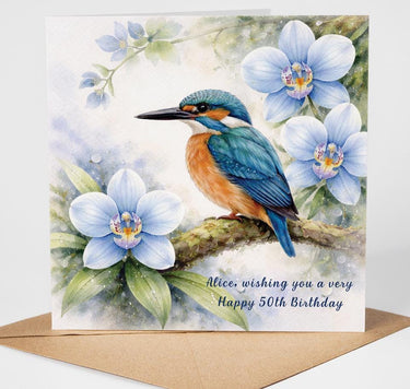 Personalised Kingfisher Birthday Card, Watercolor Bird & Orchid Floral Card, Custom Any Age Milestone   Card for Her, Botanical Birdwatcher