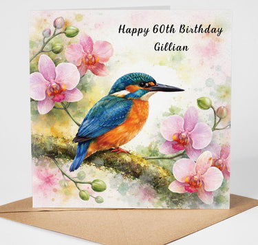 Personalised Kingfisher Birthday Card, Kingfisher & Orchid Floral Card, Custom Name Any Age Celebration Card for Mum Nan Friend Sister Aunt