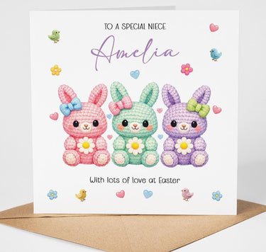 Personalised Crochet effect Easter Card, Granddaughter, Daughter, Niece, Sister, Cute Bunny Easter Card, Custom Name Easter Card for Her