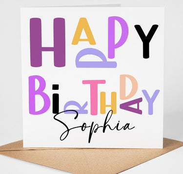 Personalised Happy Birthday Card, Custom Name Card, Colourful Modern Minimalist Card, Wife Mum Daughter Sister Best Friend Celebration