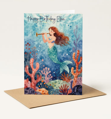 Personalised Mermaid Birthday Card, Custom Name Card for Girls, Daughter, Granddaughter, Niece or Special Friend