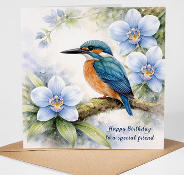 Personalised Kingfisher Birthday Card, Watercolor Bird & Orchid Floral Card, Custom Any Age Milestone   Card for Her, Botanical Birdwatcher