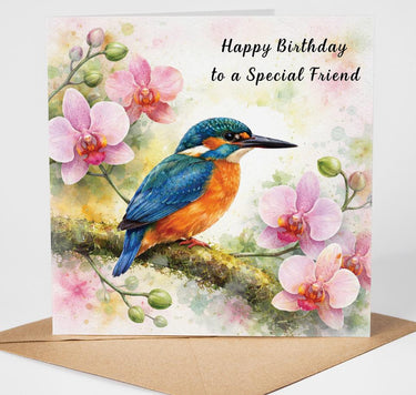Personalised Kingfisher Birthday Card, Kingfisher & Orchid Floral Card, Custom Name Any Age Celebration Card for Mum Nan Friend Sister Aunt