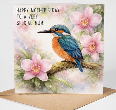 Mothers Day Kingfisher Orchid Floral Card, Happy Mothers Day to a Very Special Mum, Nature Bird Card, with Love on Mothering Sunday,