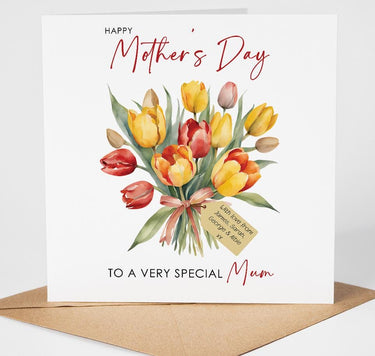 Personalised Mothers Day Card for Mum, Floral Tulip Bouquet Card, Custom Message Mothering sunday Card from Children, Special Mum Card