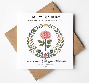 November Birth Flower Birthday Card, Chrysanthemum Floral Card, Botanical Birthday Card, November Birthday Card for Mum Sister Aunt Friend