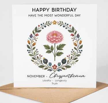 November Birth Flower Birthday Card, Chrysanthemum Floral Card, Botanical Birthday Card, November Birthday Card for Mum Sister Aunt Friend