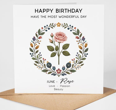 June Birth Flower Birthday Card, Rose Birthday Card for her, Botanical Floral Card, Birth Month Flower Card, Elegant Birthday Card Mum