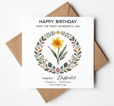 March Birth Flower Birthday Card – Daffodil Floral Greeting Card for Her, Elegant Floral Birthday Card for Mum, Sister, Auntie or Friend