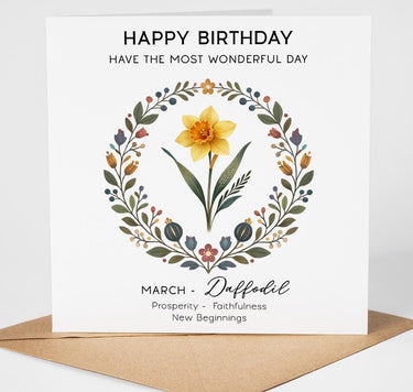 March Birth Flower Birthday Card – Daffodil Floral Greeting Card for Her, Elegant Floral Birthday Card for Mum, Sister, Auntie or Friend