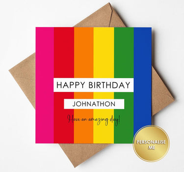 Personalised Birthday Card, Custom Name, Rainbow Design Colourful Stripes, Modern Bright Greeting  Card