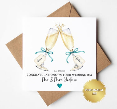 Personalised Champagne Wedding Card, Teal Foil Heart, Bride/Groom, Newly Weds, Custom Name, Mr & Mrs, Mrs Mrs, Mr Mr, Wedding Toast Card