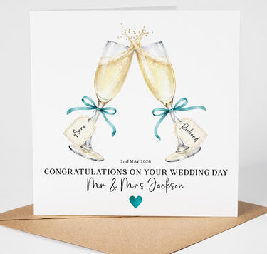 Personalised Champagne Wedding Card, Teal Foil Heart, Bride/Groom, Newly Weds, Custom Name, Mr & Mrs, Mrs Mrs, Mr Mr, Wedding Toast Card
