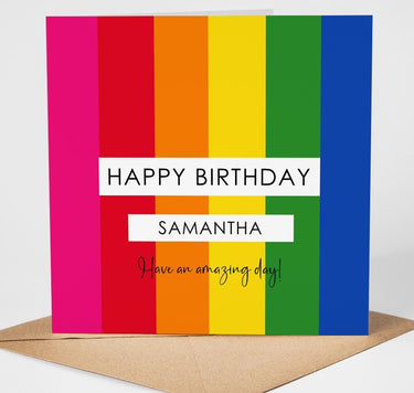 Personalised Birthday Card, Custom Name, Rainbow Design Colourful Stripes, Modern Bright Greeting  Card